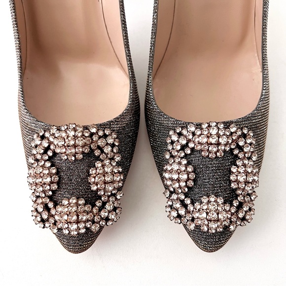 MANOLO BLAHNIK | Hangisi Dark Gold Glitter Fabric Jewel Buckle Pumps EU 37 US 7 - Picture 5 of 14